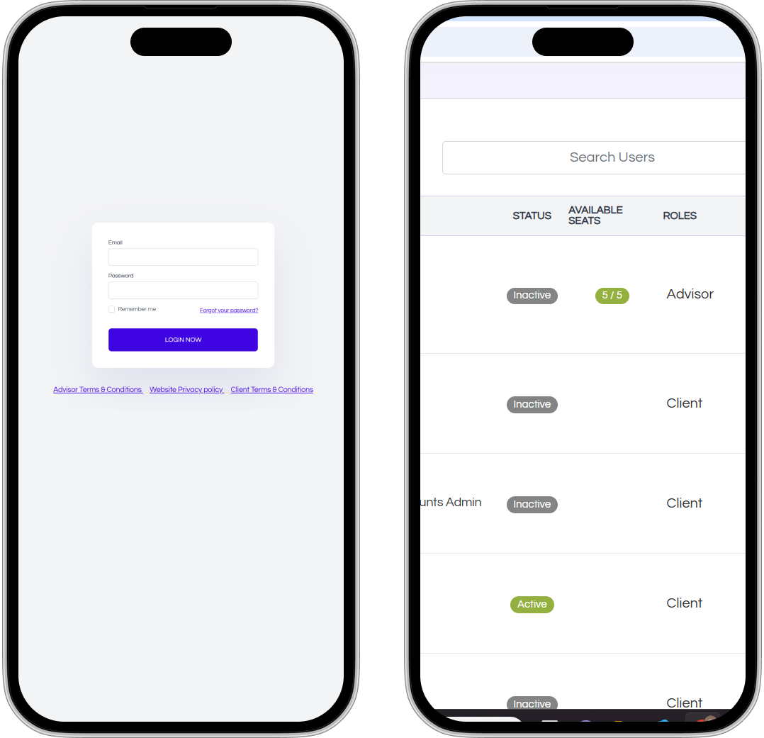 app login window and user overview